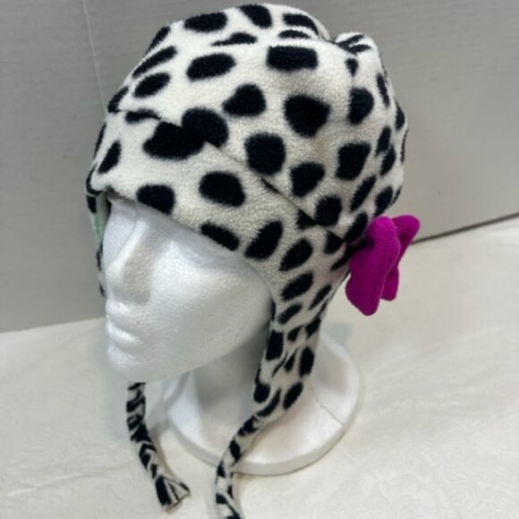 Lands' End White w/Black Spots Dalmatian Fleece Winter Hat w/Ties Pink Bow Med - Picture 1 of 16